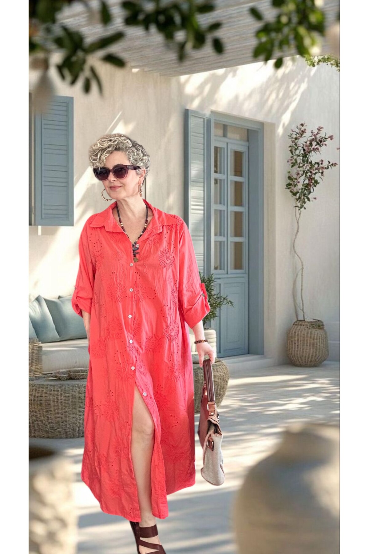 Pucca İtalyan Çiçek Detaylı Gömlek  Elbise Kap Mercan