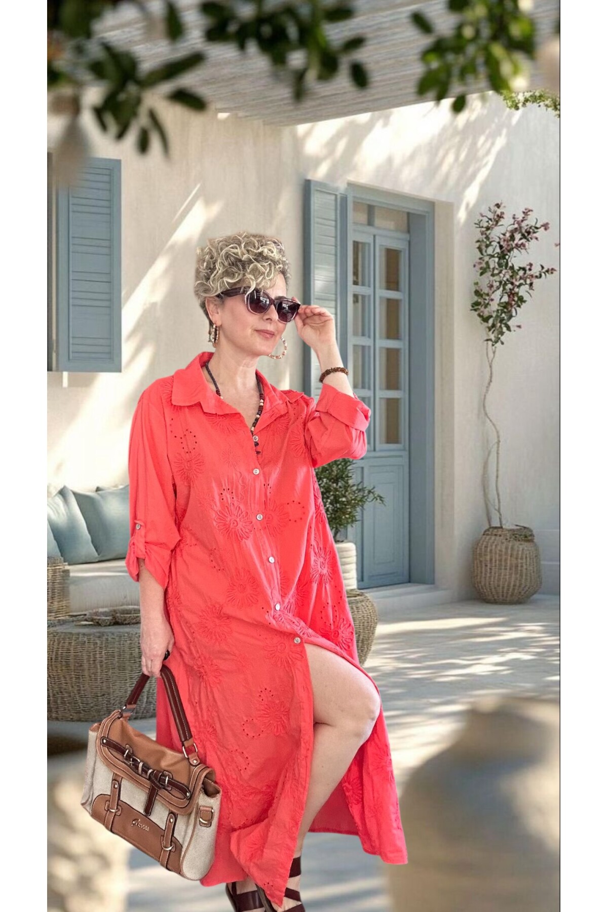 Pucca İtalyan Çiçek Detaylı Gömlek  Elbise Kap Mercan