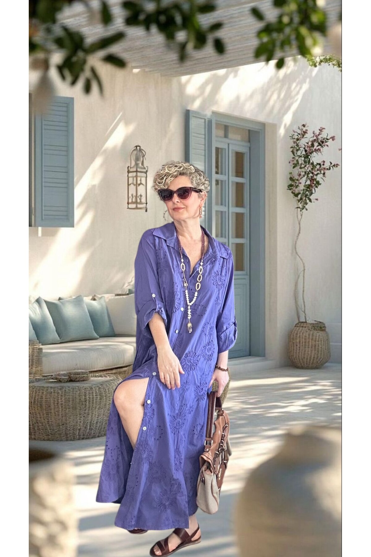 Pucca İtalyan Çiçek Detaylı Gömlek  Elbise Kap Mor