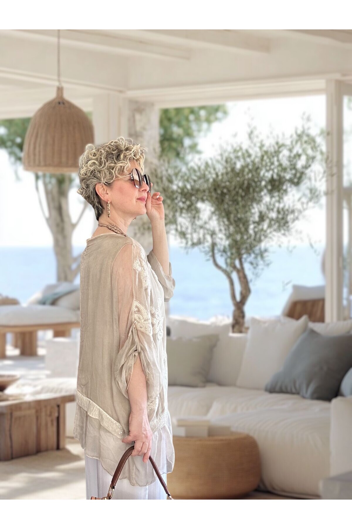 Purro İpek & Vizkoz Karışımlı Payet İşlemeli Bluz Beige