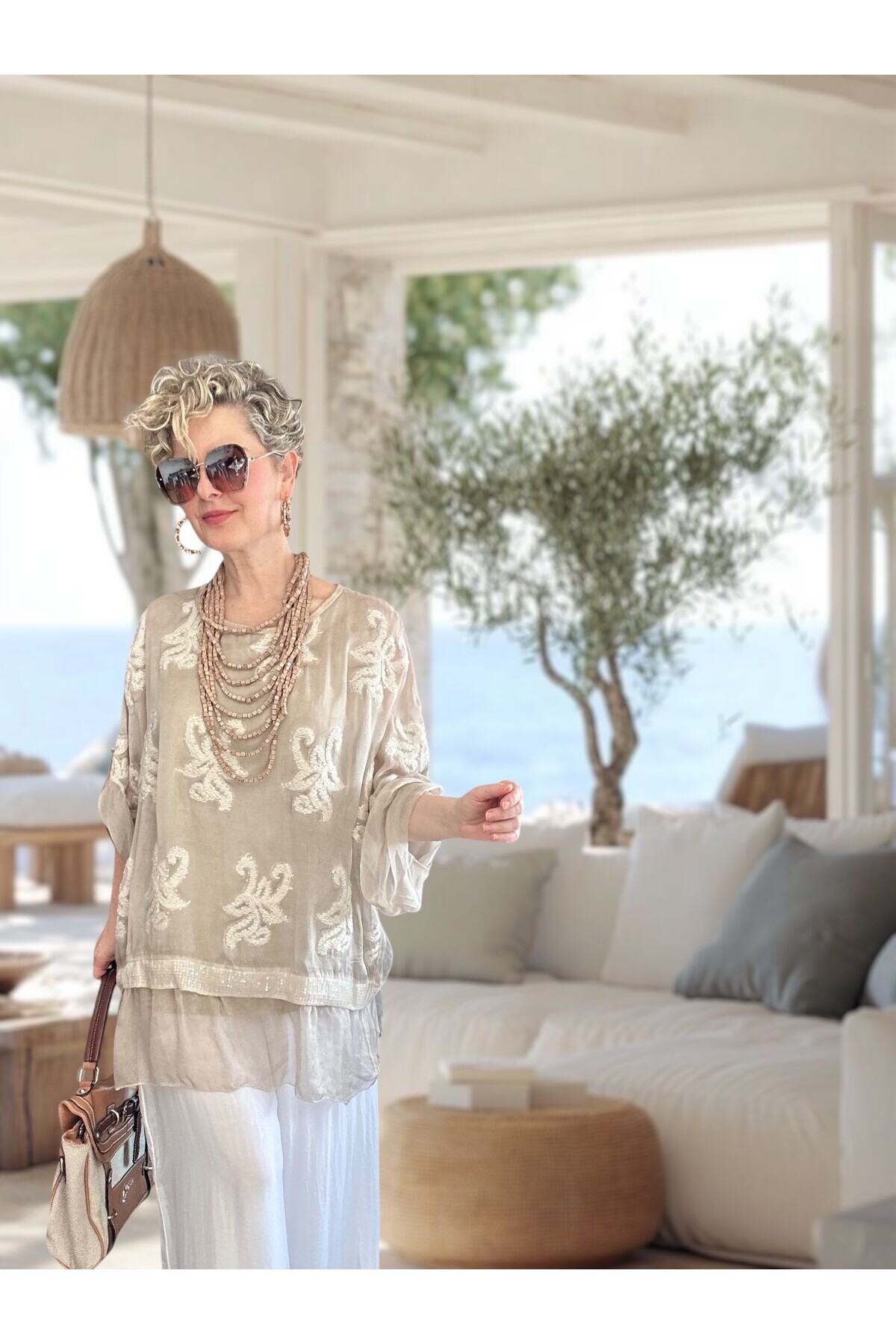 Purro İpek & Vizkoz Karışımlı Payet İşlemeli Bluz Beige