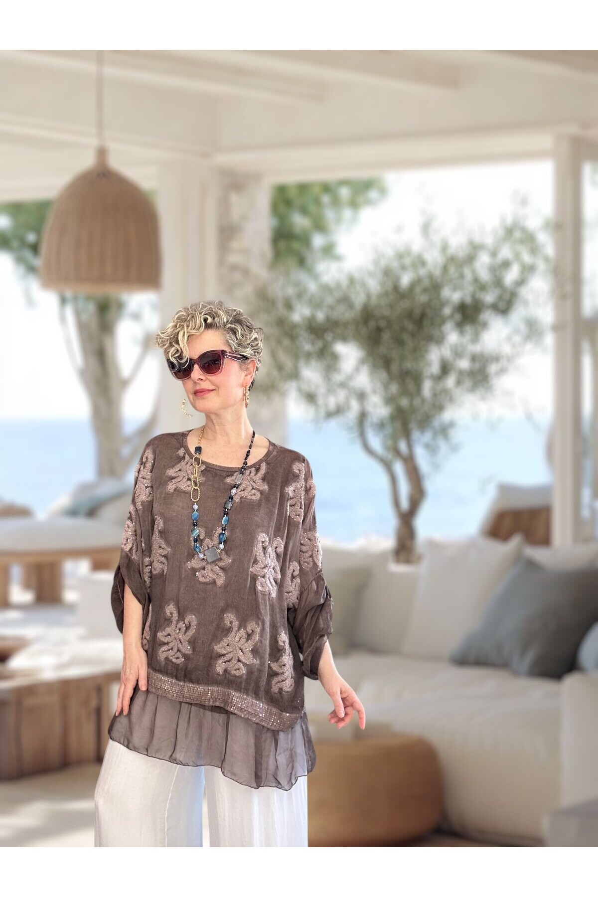 Purro İpek & Vizkoz Karışımlı Payet İşlemeli Bluz Kahve