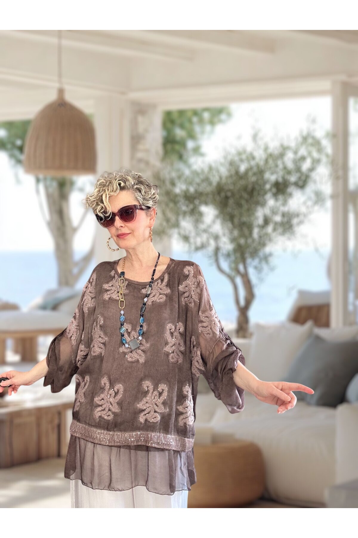 Purro İpek & Vizkoz Karışımlı Payet İşlemeli Bluz Kahve