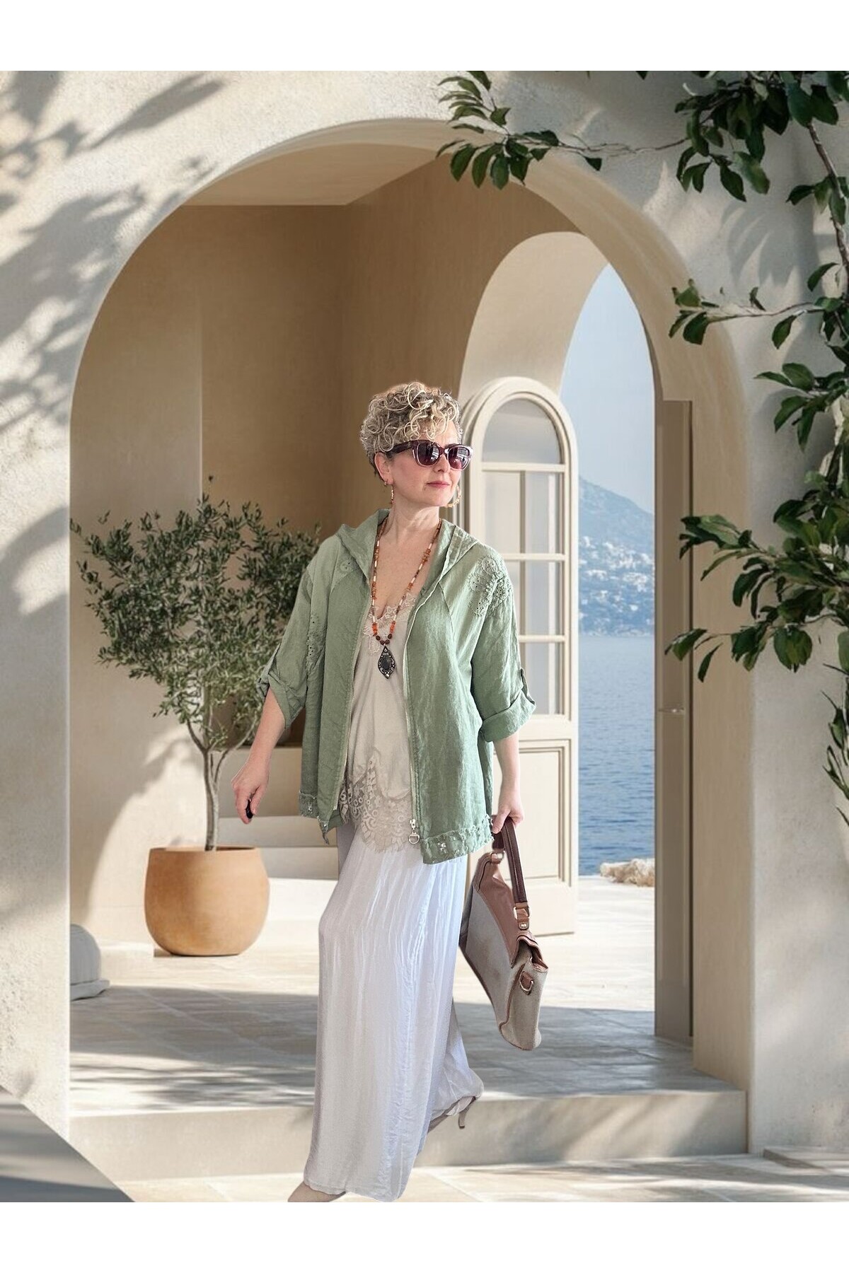 Ratta Fisto İşlemeli Payet Detaylı Truvakar Kol Keten Ceket Haki