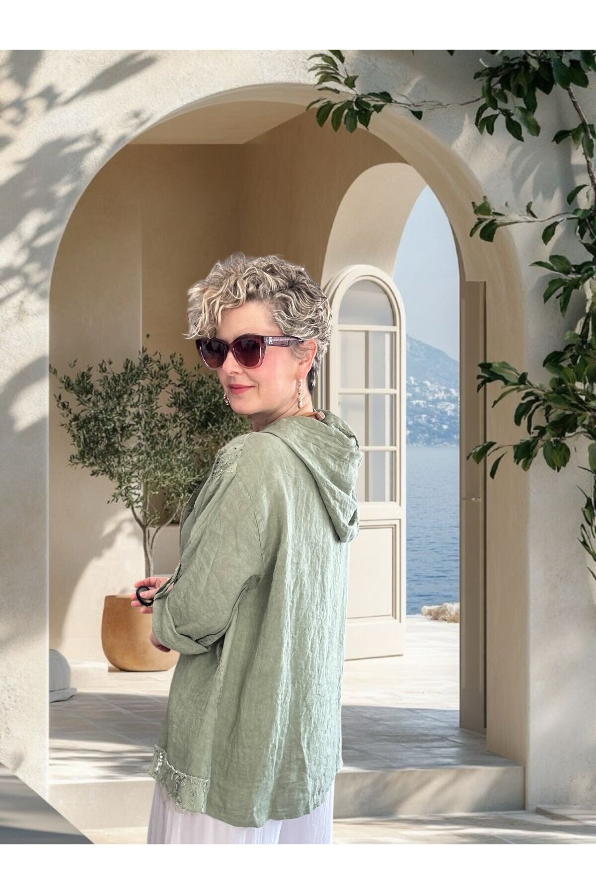 Ratta Fisto İşlemeli Payet Detaylı Truvakar Kol Keten Ceket Haki