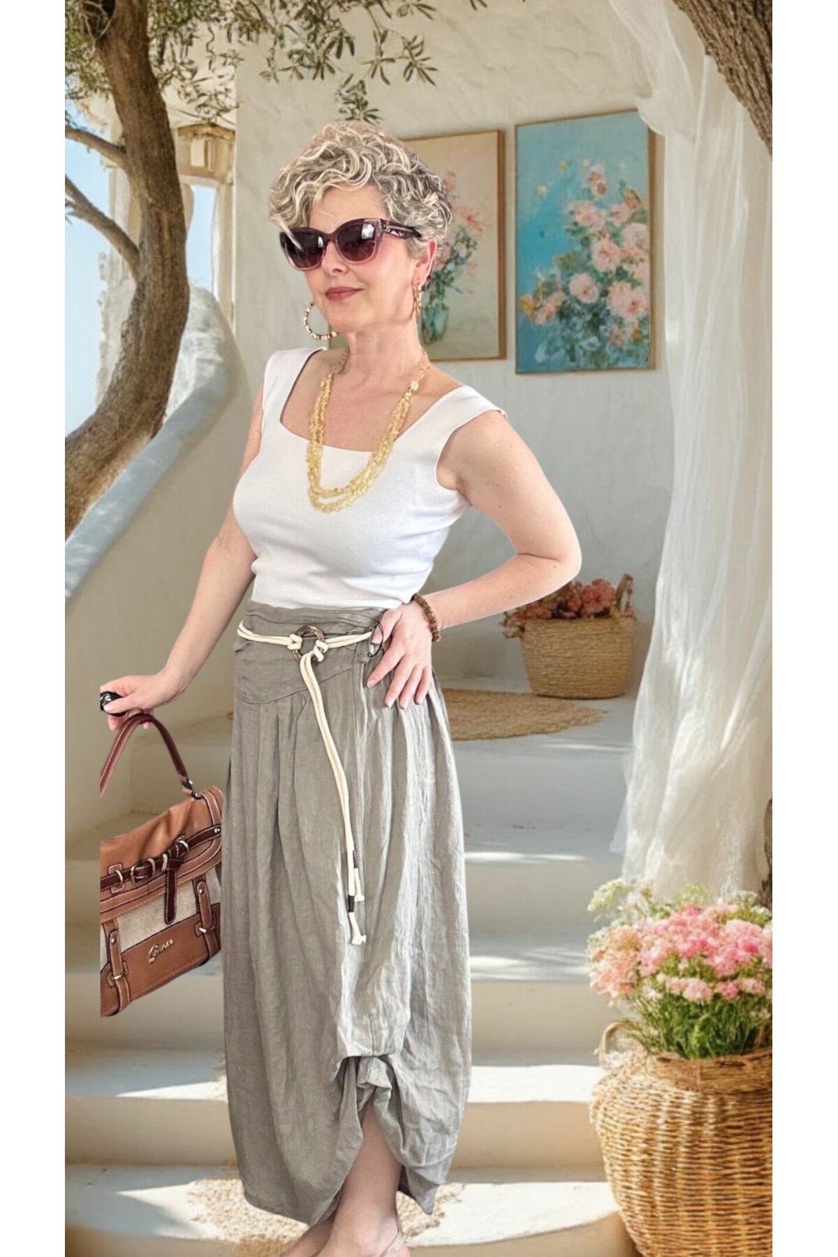 Rezza İtalyan Halka Detaylı Artizan Keten Etek Fango