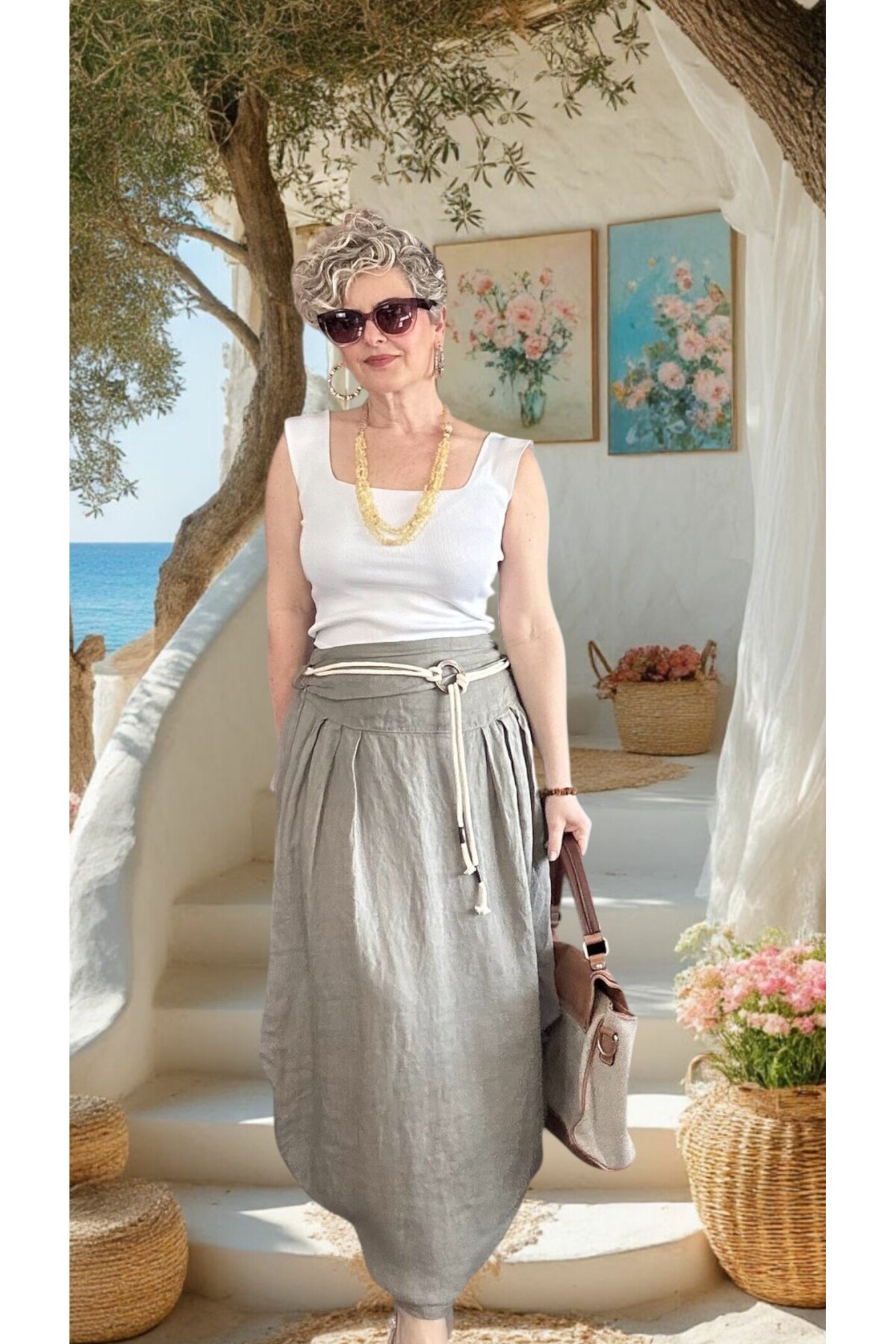 Rezza İtalyan Halka Detaylı Artizan Keten Etek Fango