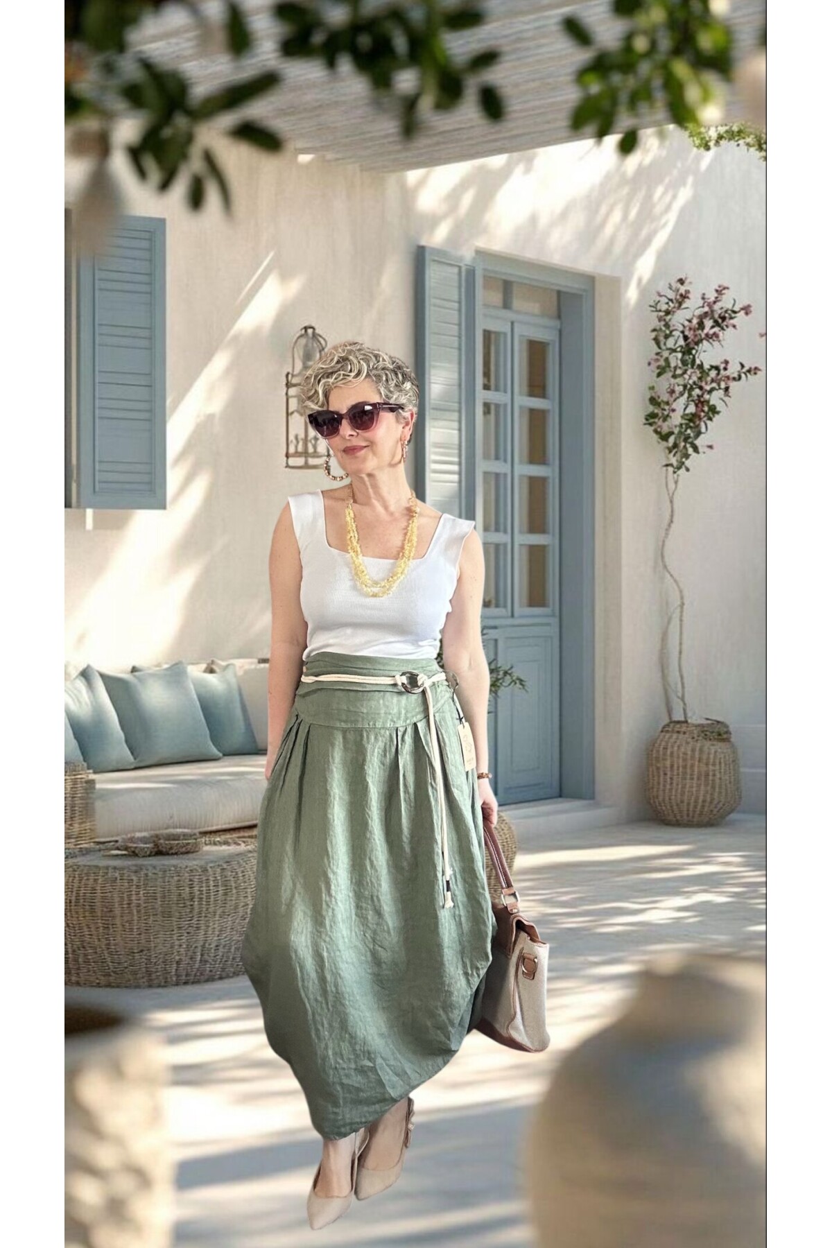 Rezza İtalyan Halka Detaylı Artizan Keten Etek Military