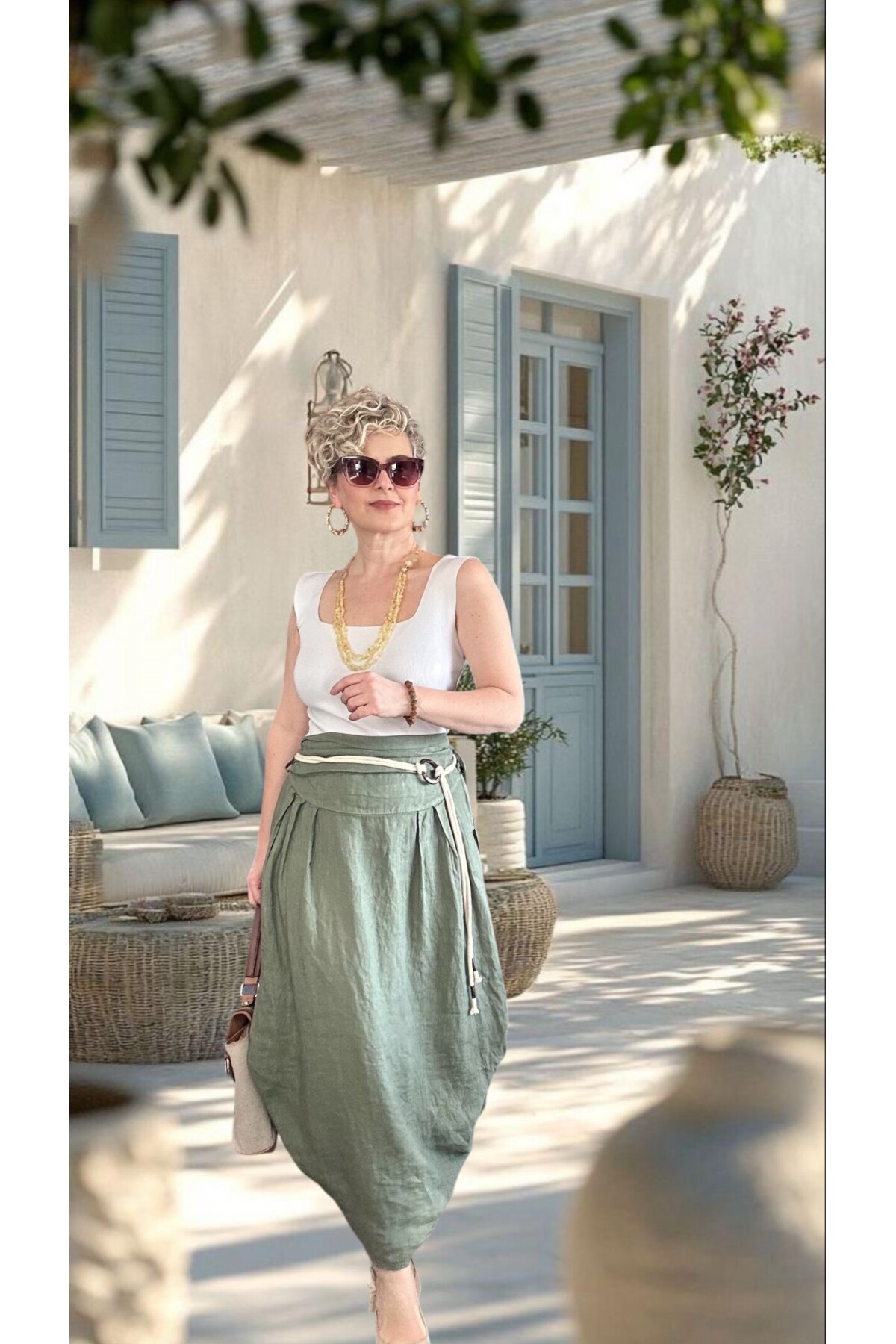 Rezza İtalyan Halka Detaylı Artizan Keten Etek Military