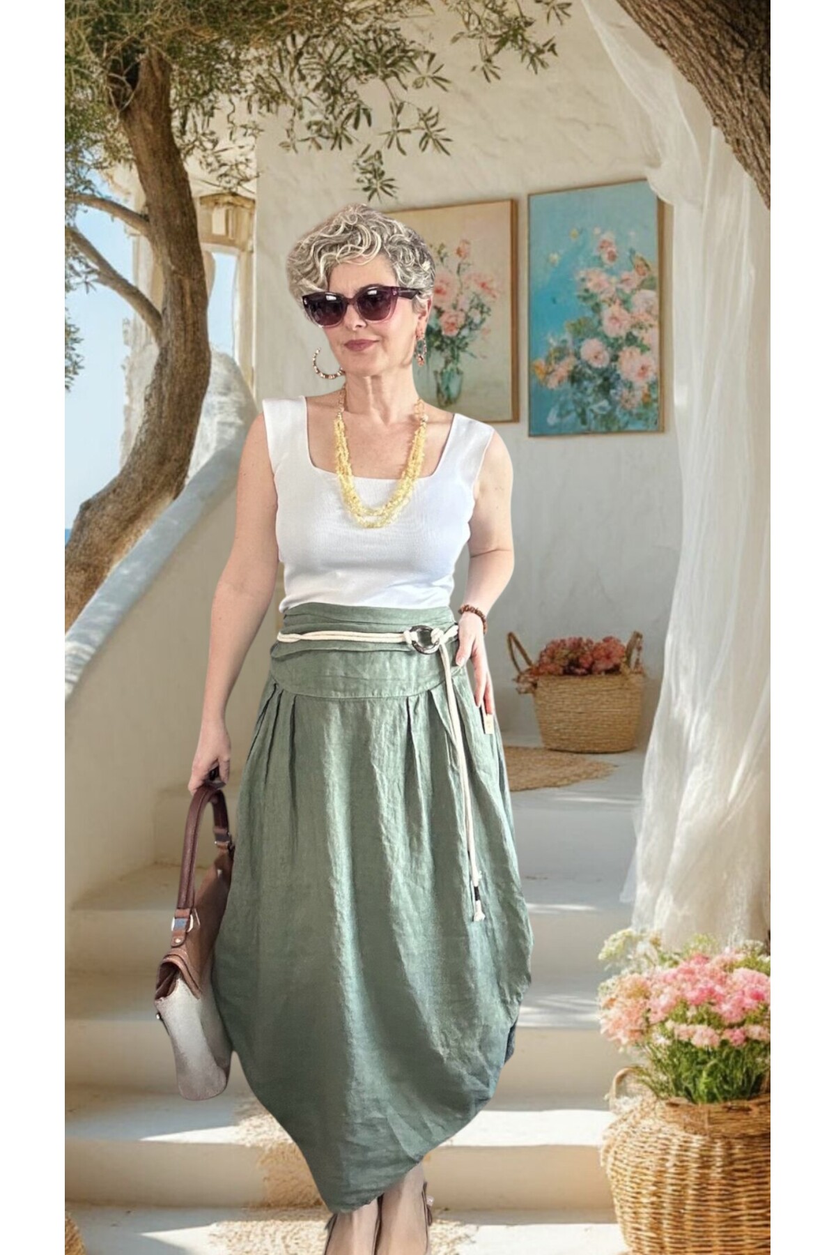 Rezza İtalyan Halka Detaylı Artizan Keten Etek Military