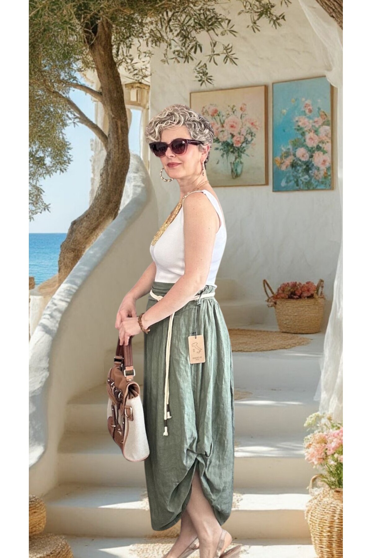 Rezza İtalyan Halka Detaylı Artizan Keten Etek Military