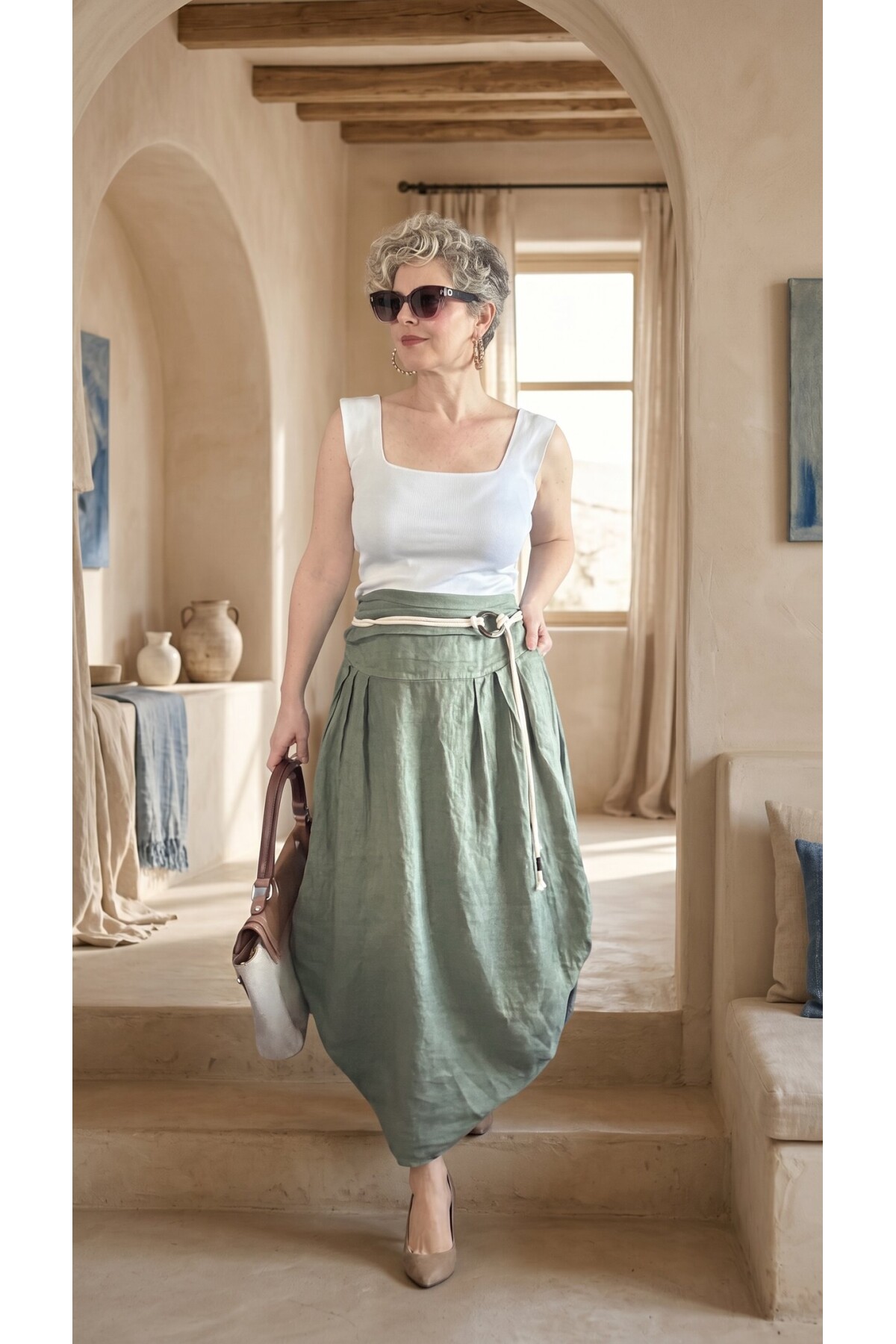 Rezza İtalyan Halka Detaylı Artizan Keten Etek Military