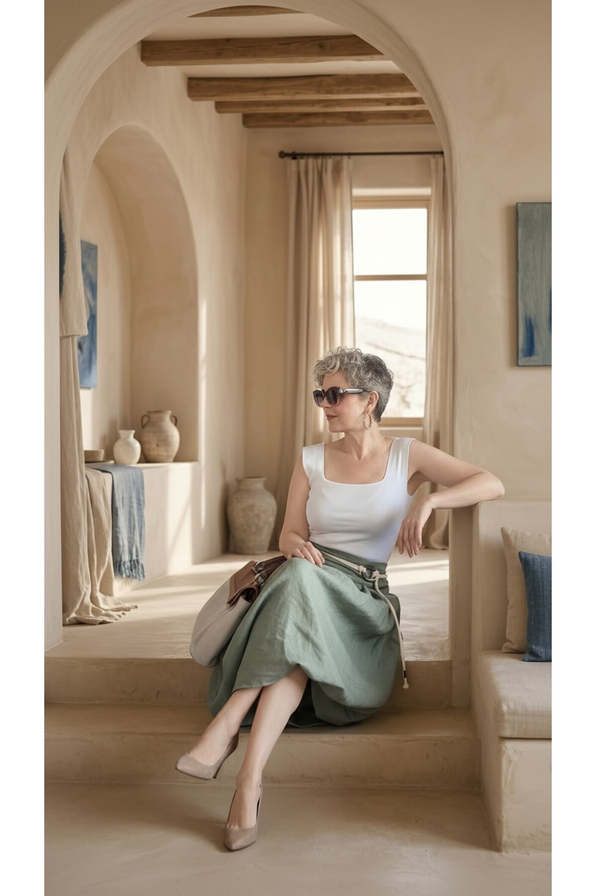 Rezza İtalyan Halka Detaylı Artizan Keten Etek Military