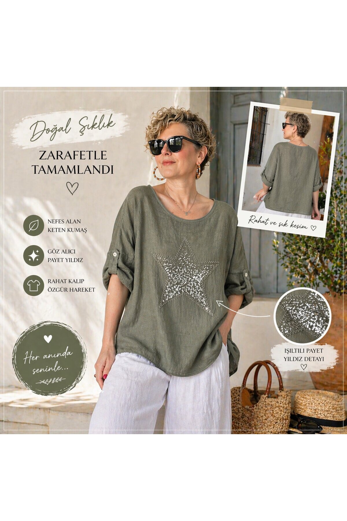 Ricco İthal Yıldız Detaylı Salaş Bluz Haki