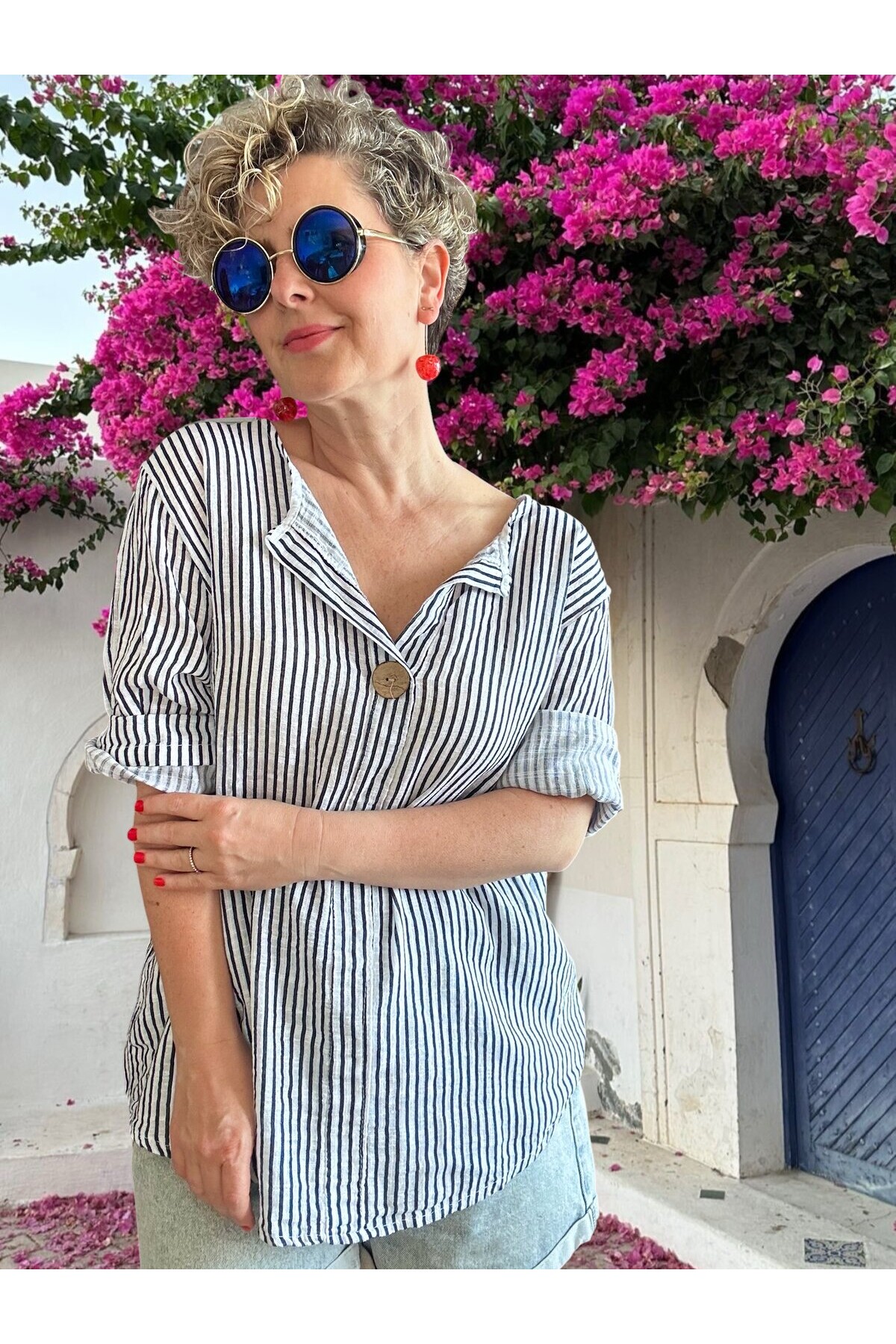 Rimmi İtalyan Çizgili Düğme Detay Bluz Beyaz