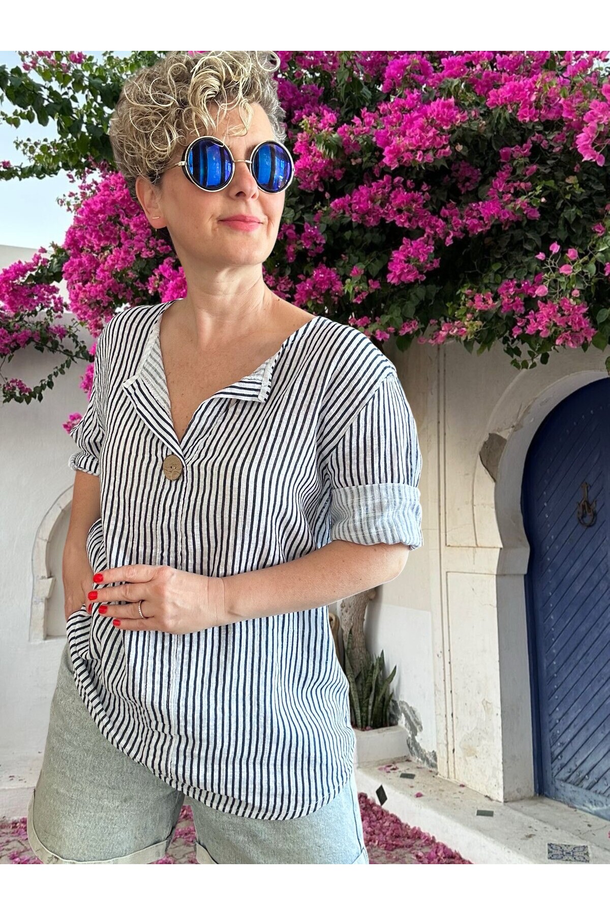 Rimmi İtalyan Çizgili Düğme Detay Bluz Beyaz