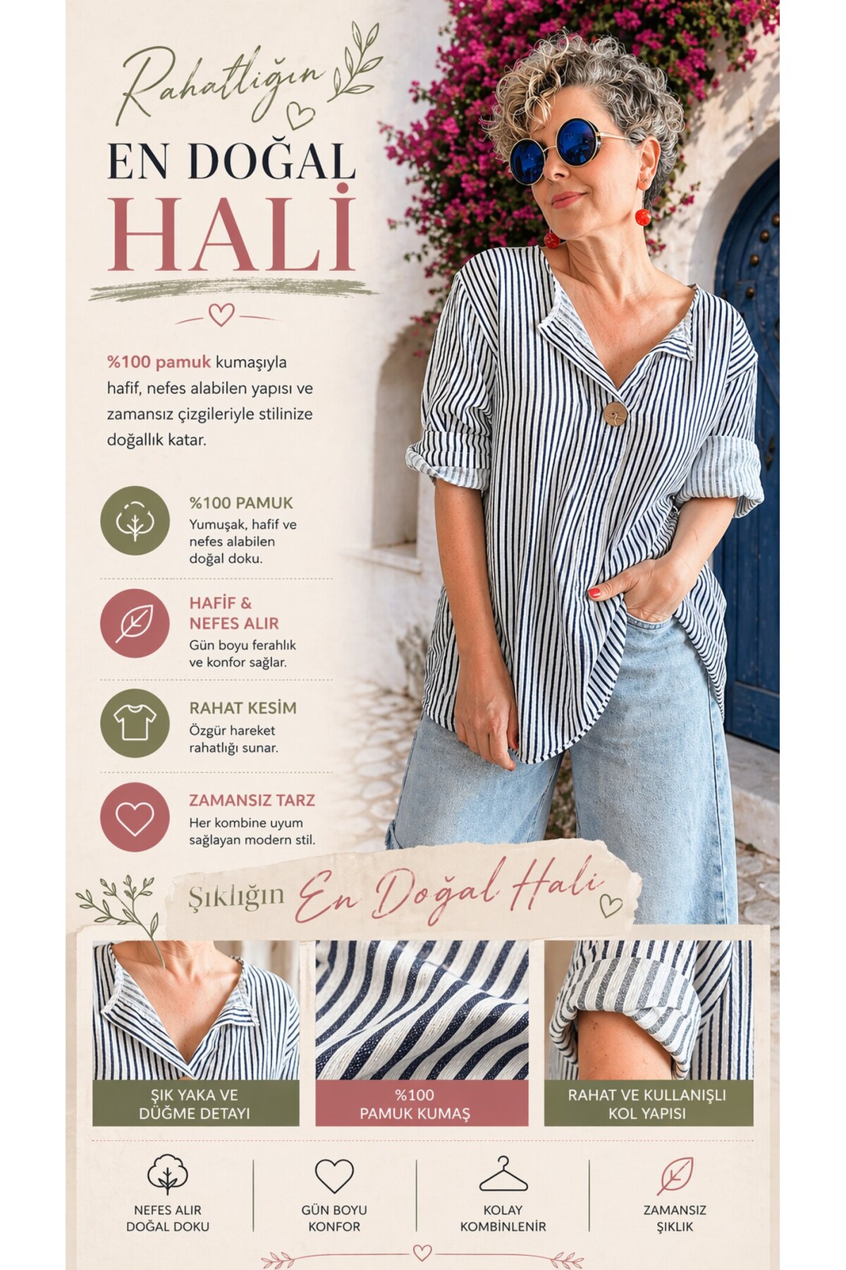 Rimmi İtalyan Çizgili Düğme Detay Bluz Beyaz