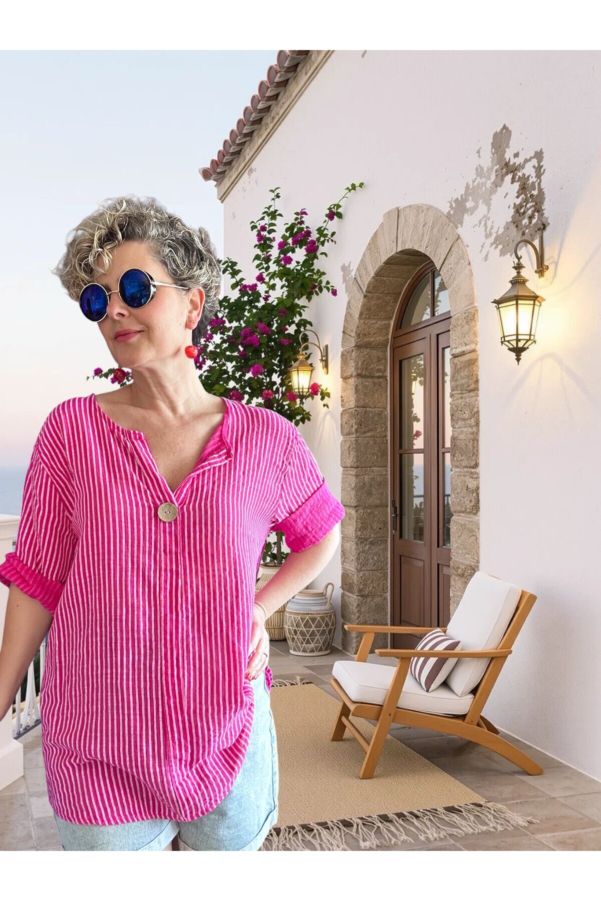 Rimmi İtalyan Çizgili Düğme Detay Bluz Fuşya