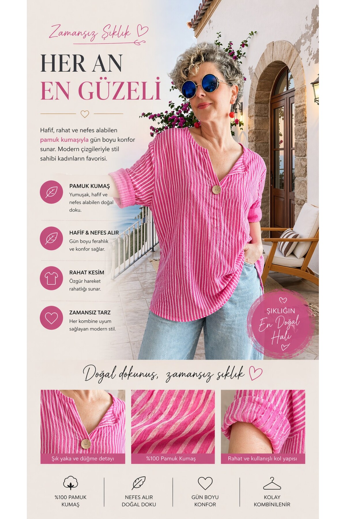 Rimmi İtalyan Çizgili Düğme Detay Bluz Fuşya