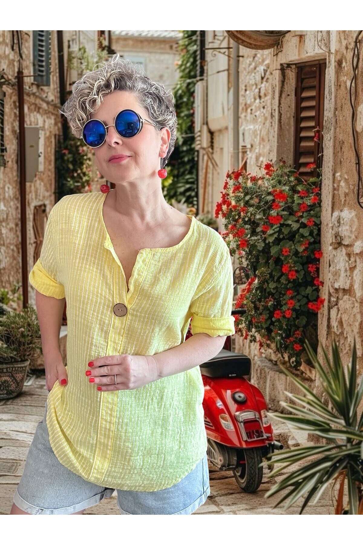 Rimmi İtalyan Çizgili Düğme Detay Bluz Sarı