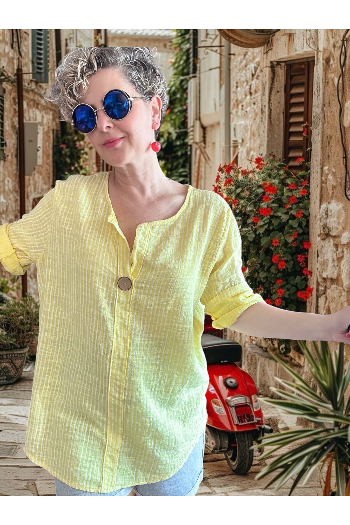 Rimmi İtalyan Çizgili Düğme Detay Bluz Sarı