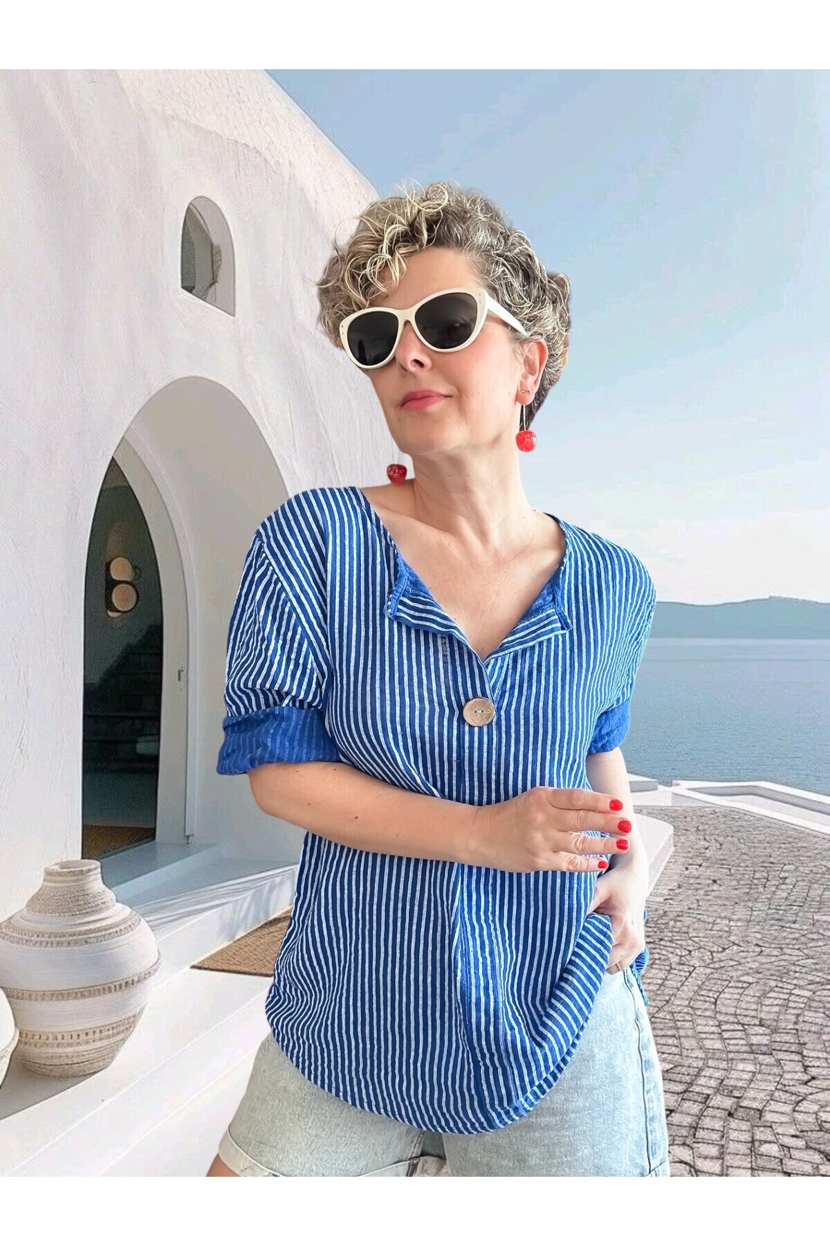 Rimmi İtalyan Çizgili Düğme Detay Bluz Sax