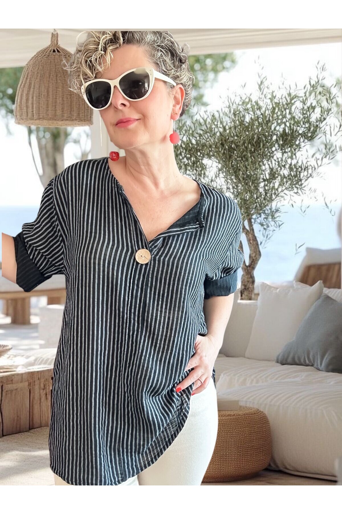 Rimmi İtalyan Çizgili Düğme Detay Bluz Siyah