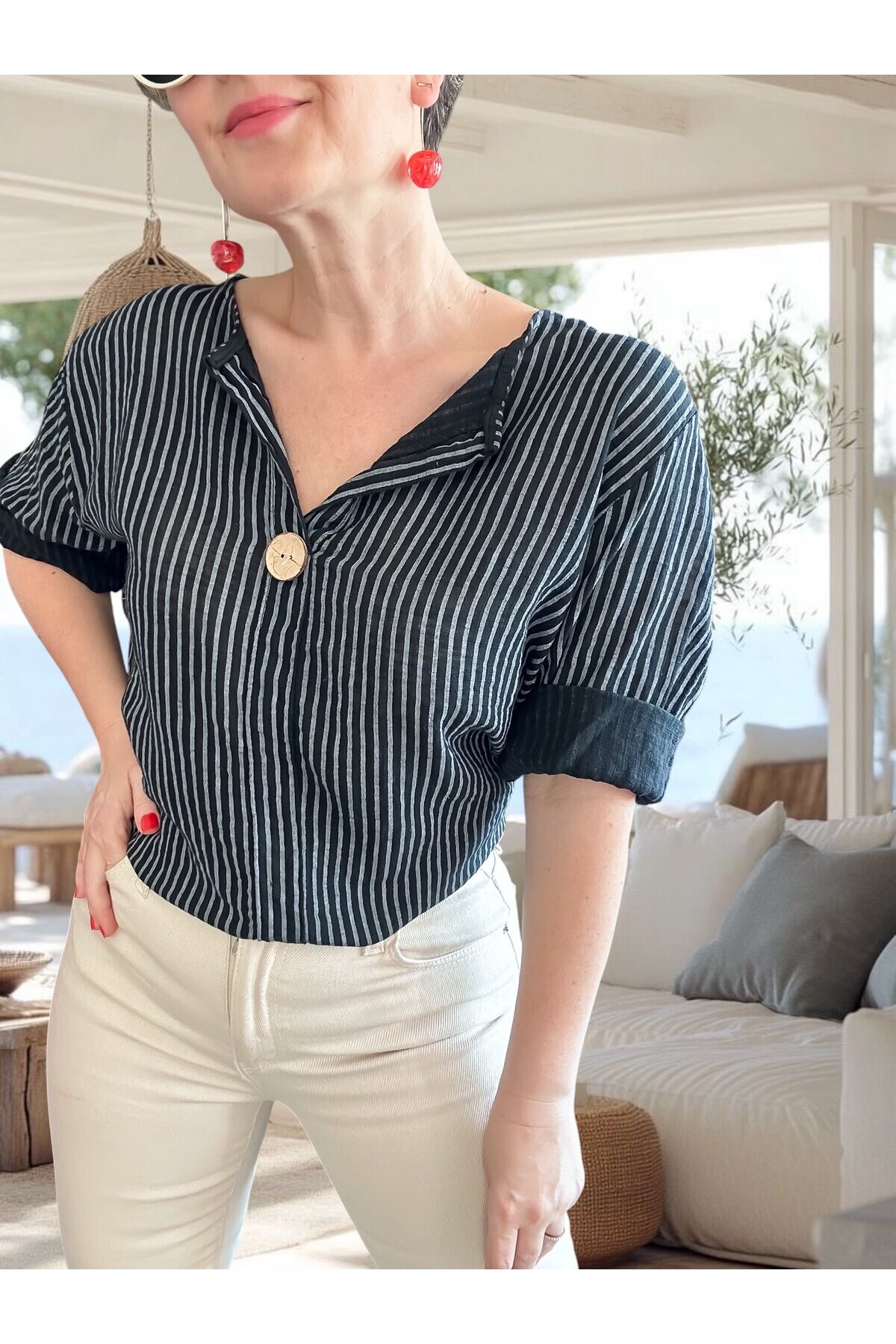 Rimmi İtalyan Çizgili Düğme Detay Bluz Siyah