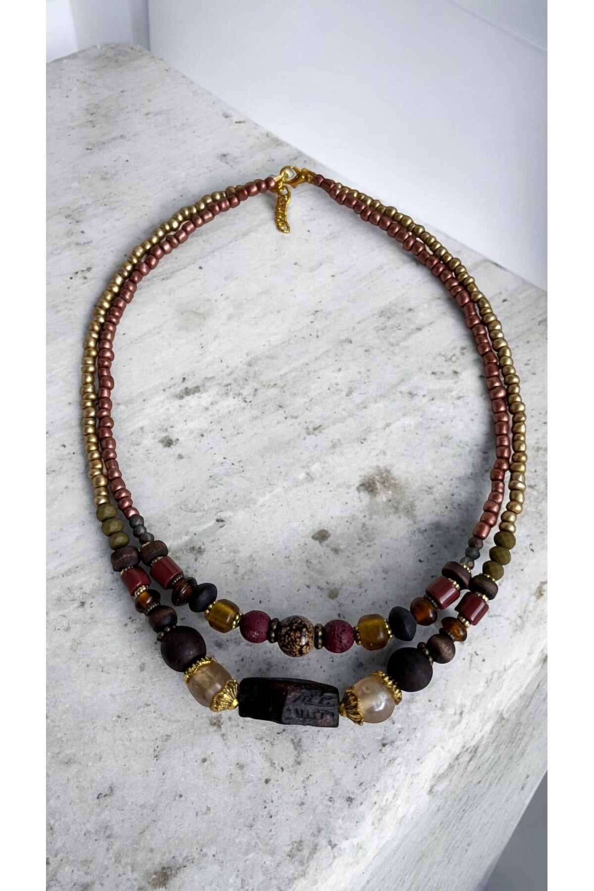 Rustık Pirinç Cam Etnik Kolye