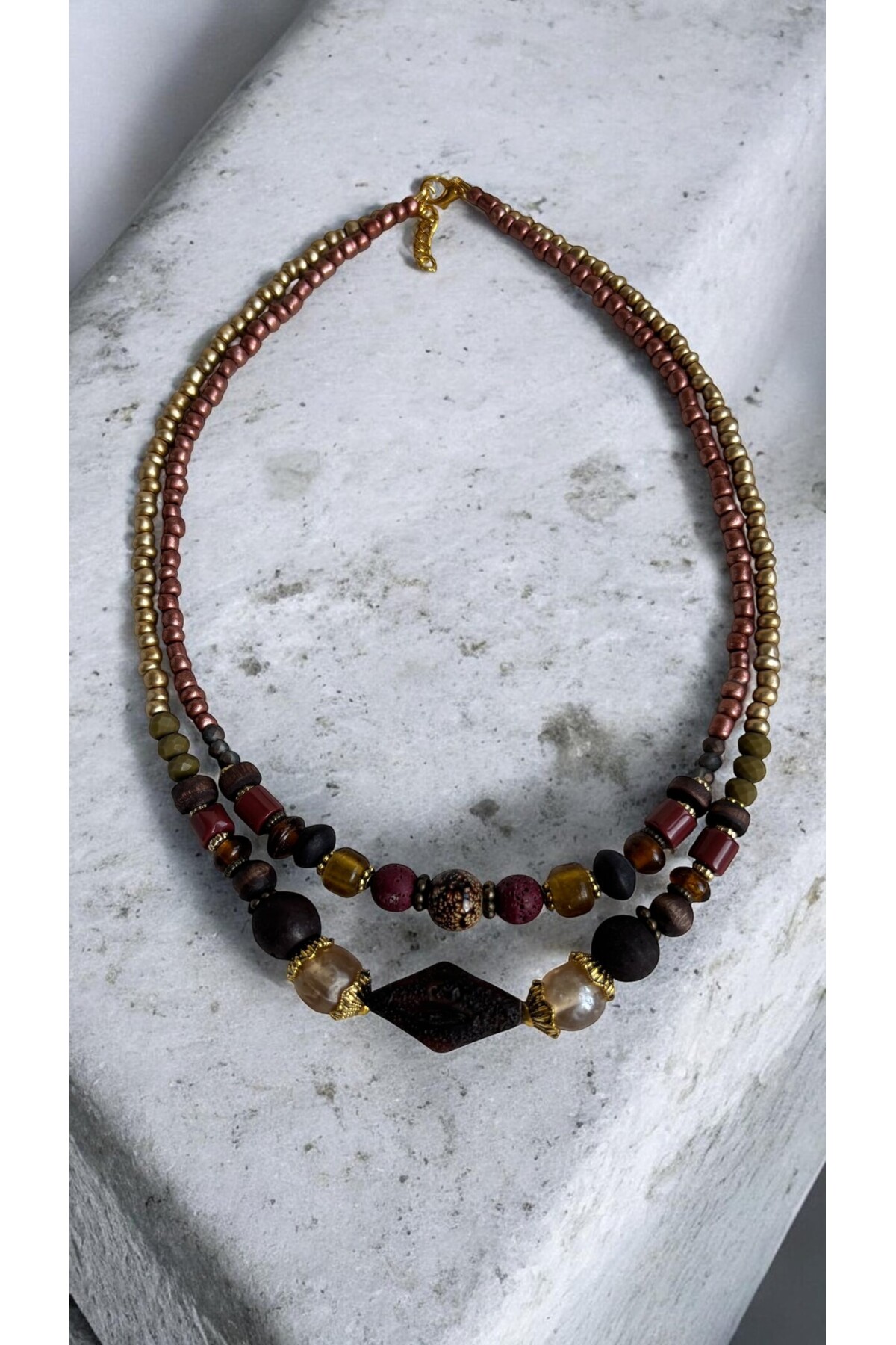 Rustık Pirinç Cam Etnik Kolye