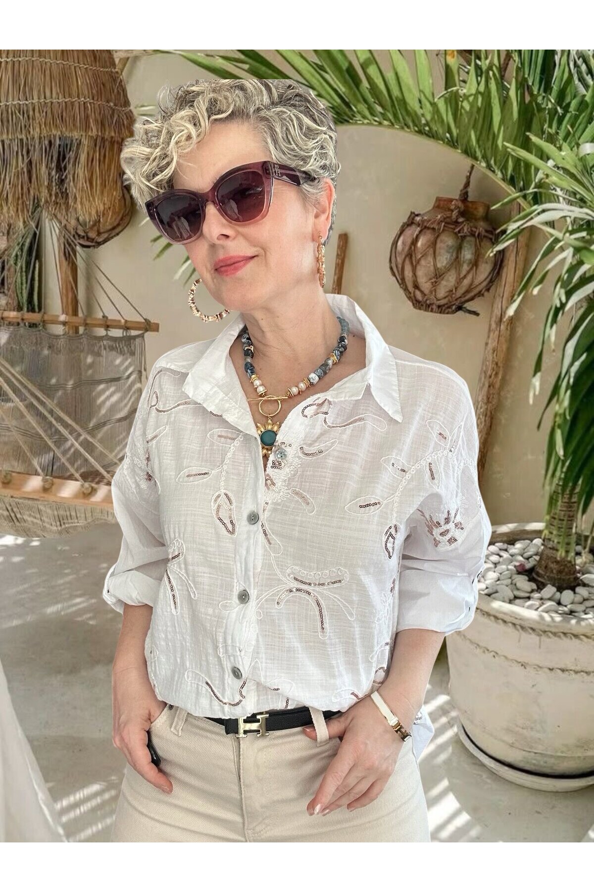 Sabbi İtalyan Payet Nakış Detaylı Gömlek Beyaz