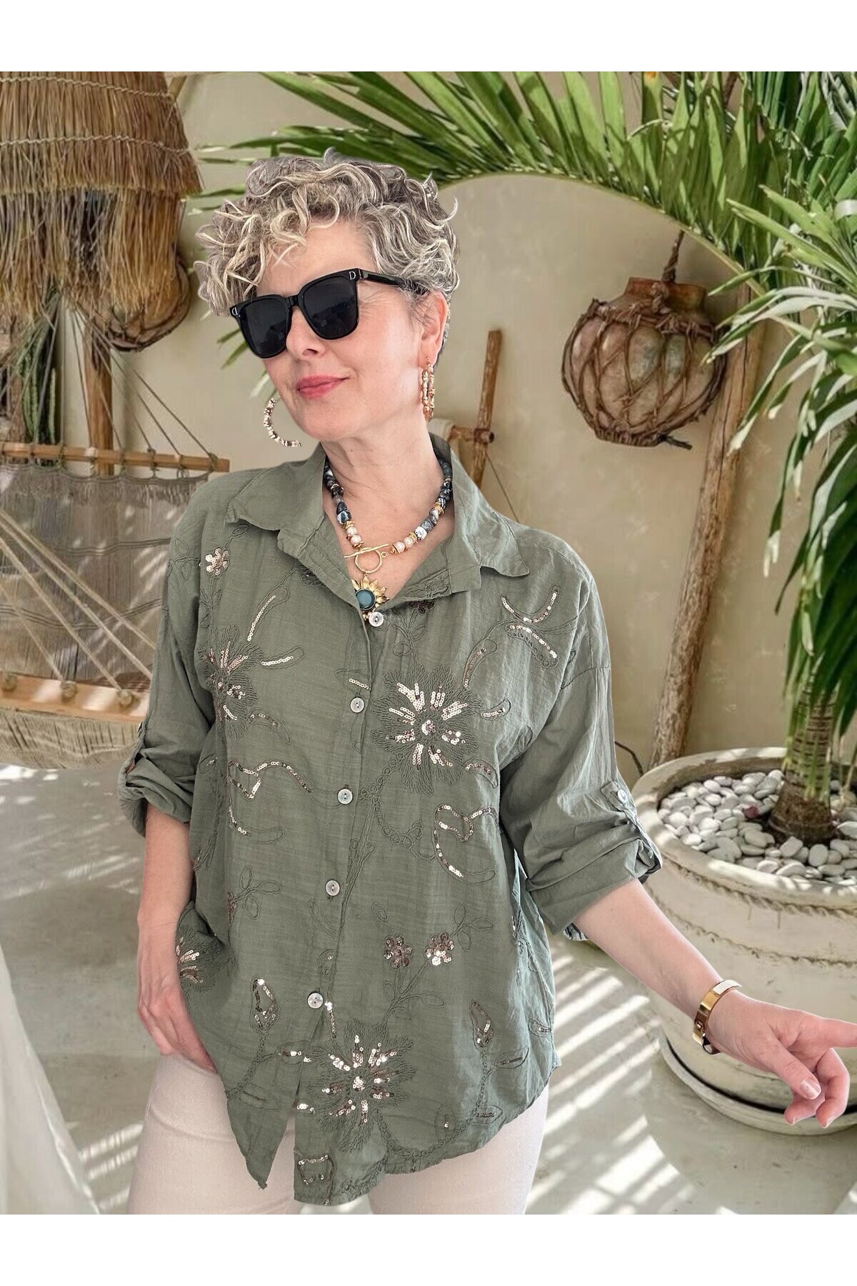 Sabbi İtalyan Payet Nakış Detaylı Gömlek Haki