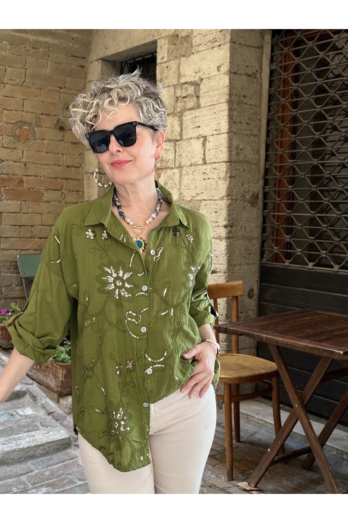 Sabbi İtalyan Payet Nakış Detaylı Gömlek Yağ Yeşil