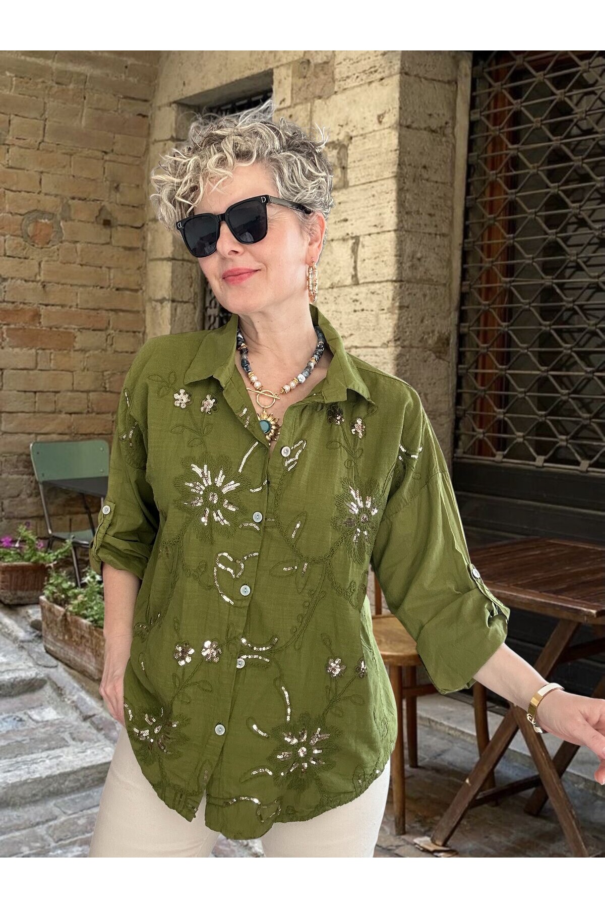 Sabbi İtalyan Payet Nakış Detaylı Gömlek Yağ Yeşil