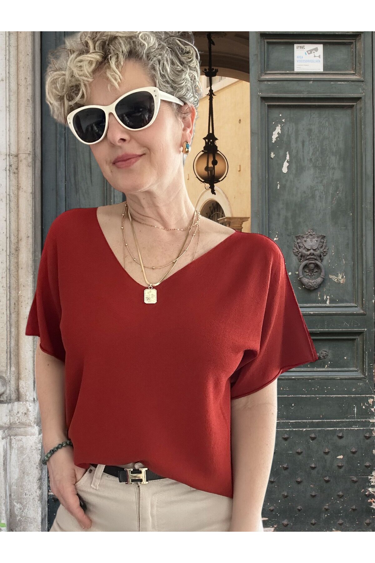 Sacci İtalyan Esintisi V Yaka Mevsimsiz Triko Bluz Kiremit