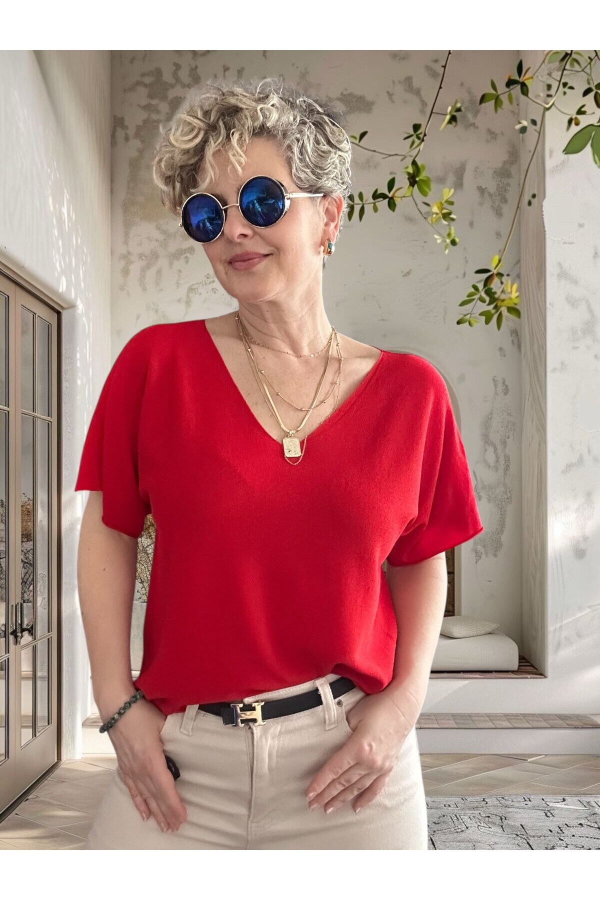 Sacci İtalyan Esintisi V Yaka Mevsimsiz Triko Bluz Kırmızı