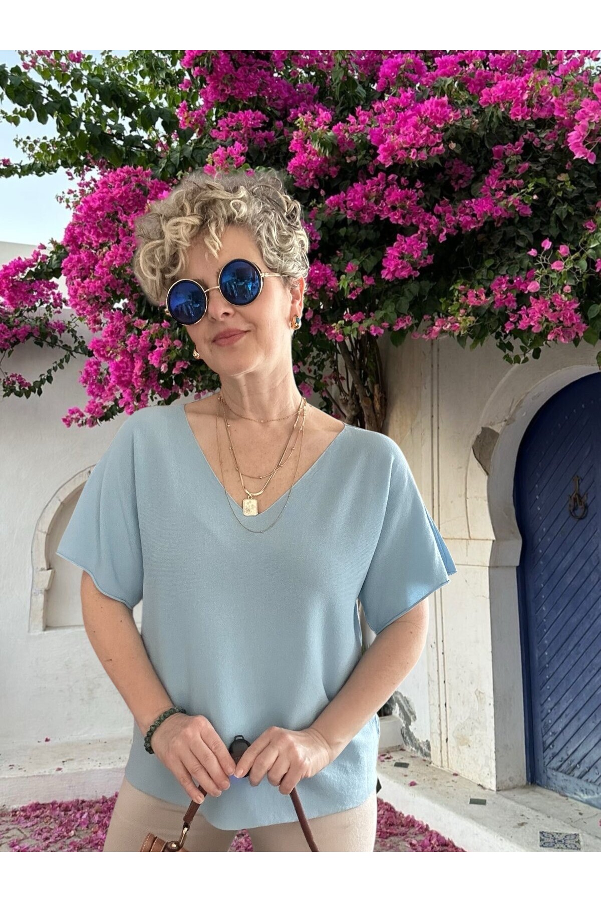 Sacci İtalyan Esintisi V Yaka Mevsimsiz Triko Bluz Mavi