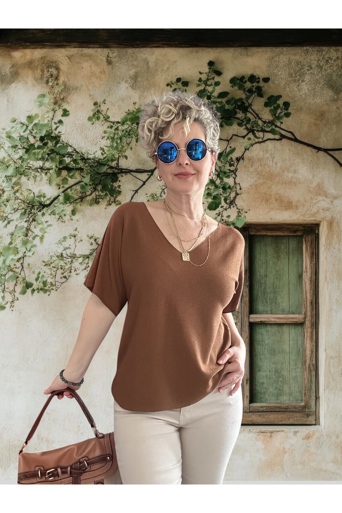Sacci İtalyan Esintisi V Yaka Mevsimsiz Triko Bluz Tarçın