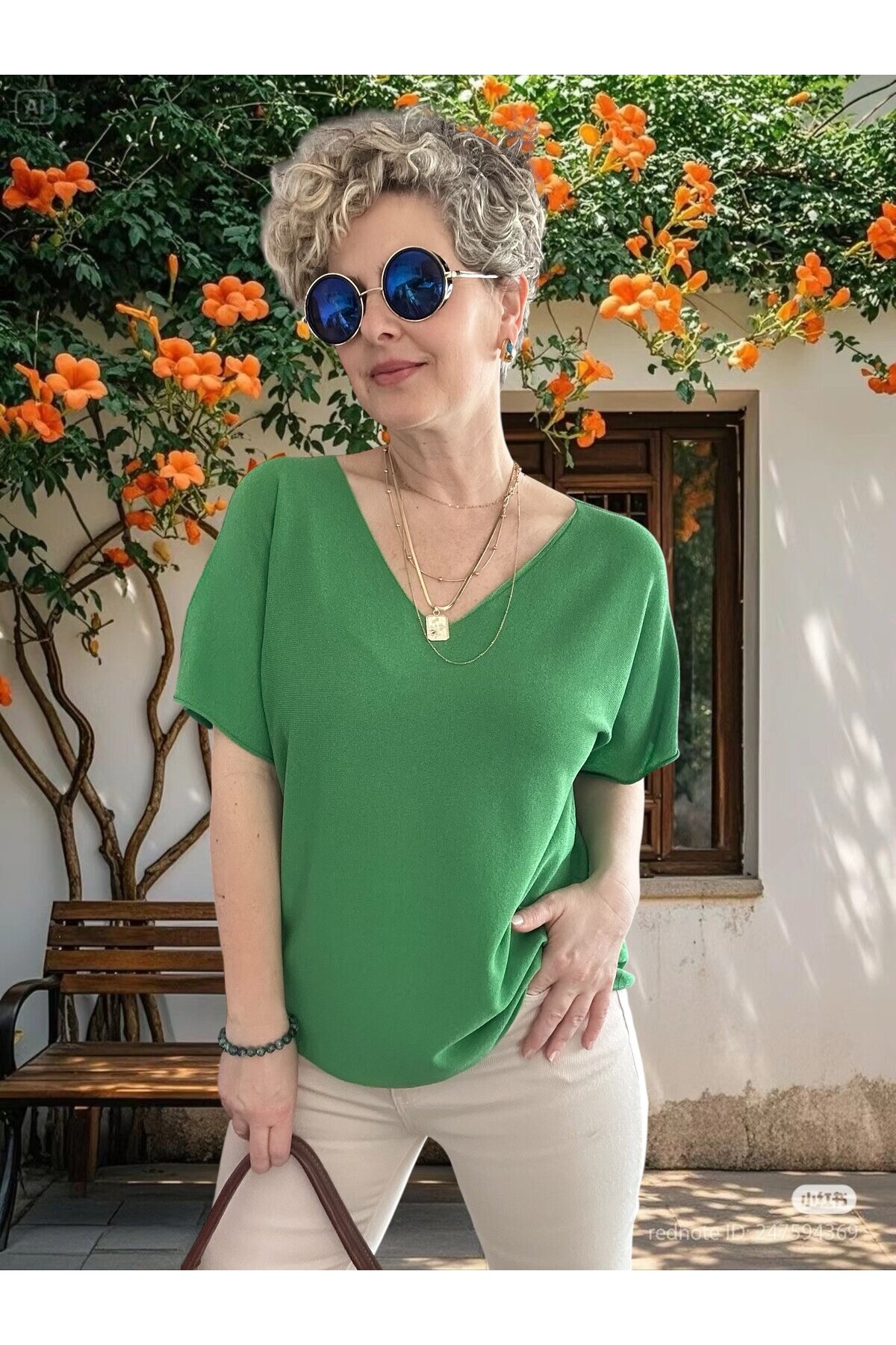 Sacci İtalyan Esintisi V Yaka Mevsimsiz Triko Bluz Yeşil