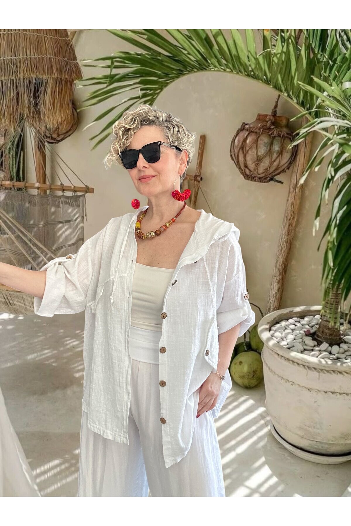 Selva Kapüşonlu Süs Cep Detaylı Tasarım Ceket Beyaz