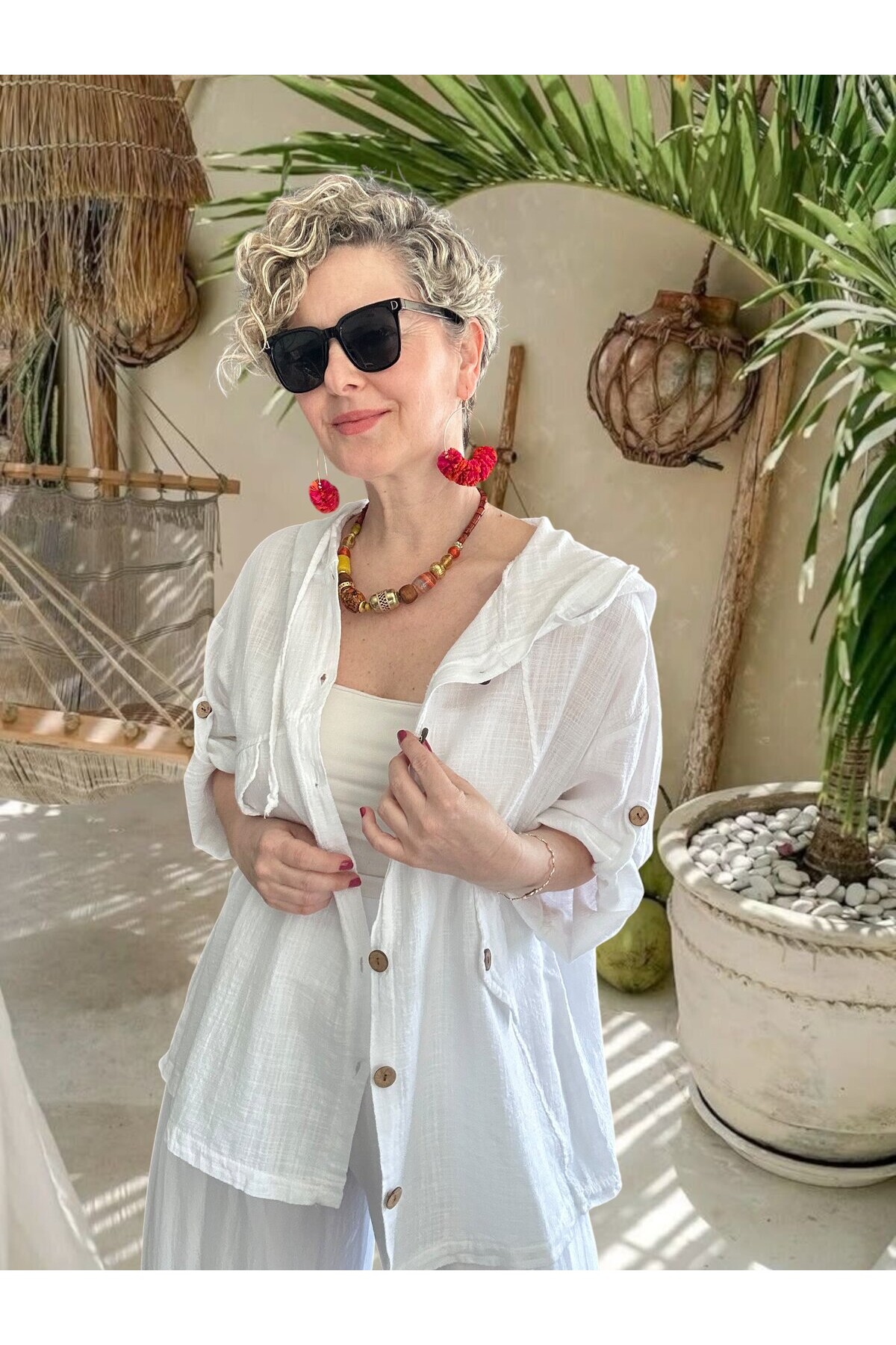 Selva Kapüşonlu Süs Cep Detaylı Tasarım Ceket Beyaz