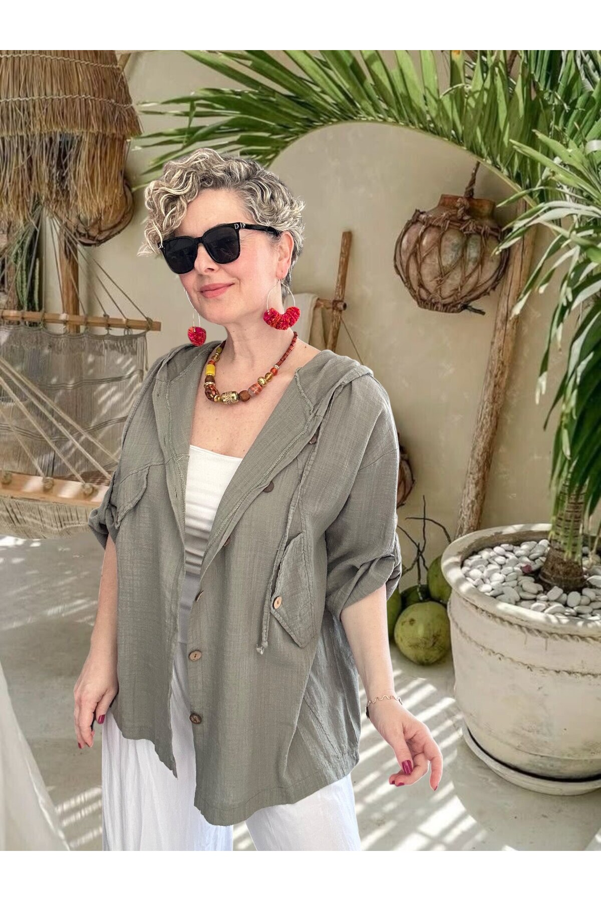 Selva Kapüşonlu Süs Cep Detaylı Tasarım Ceket Haki