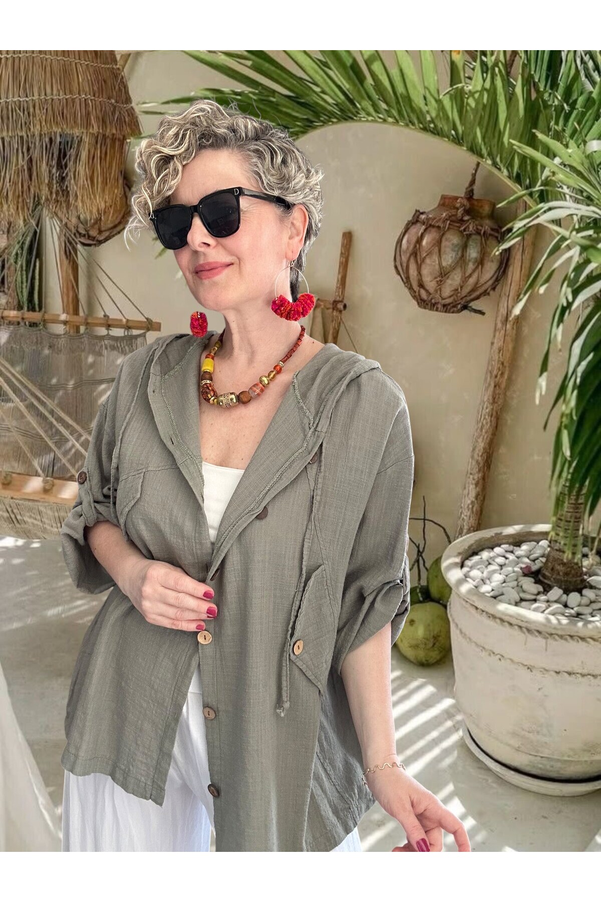 Selva Kapüşonlu Süs Cep Detaylı Tasarım Ceket Haki