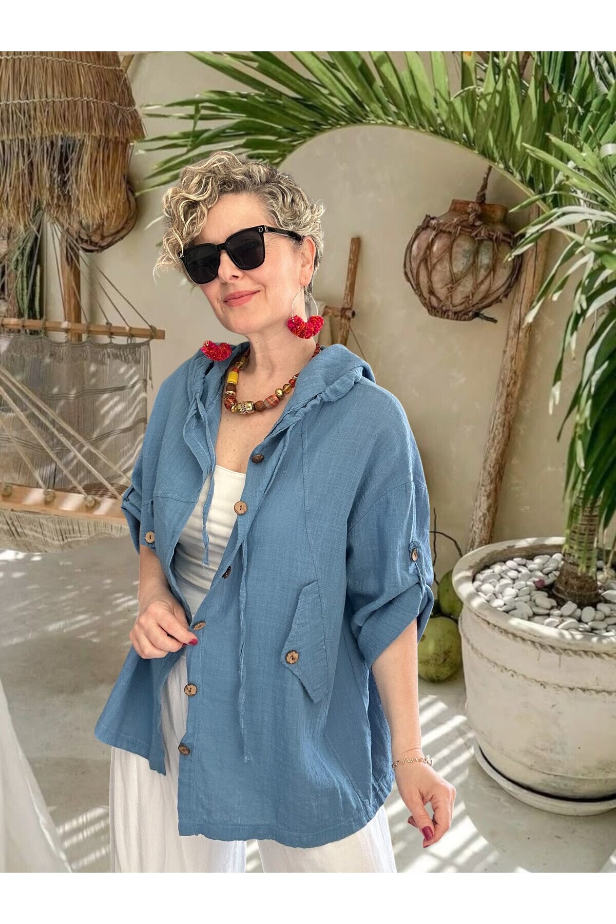 Selva Kapüşonlu Süs Cep Detaylı Tasarım Ceket İndigo