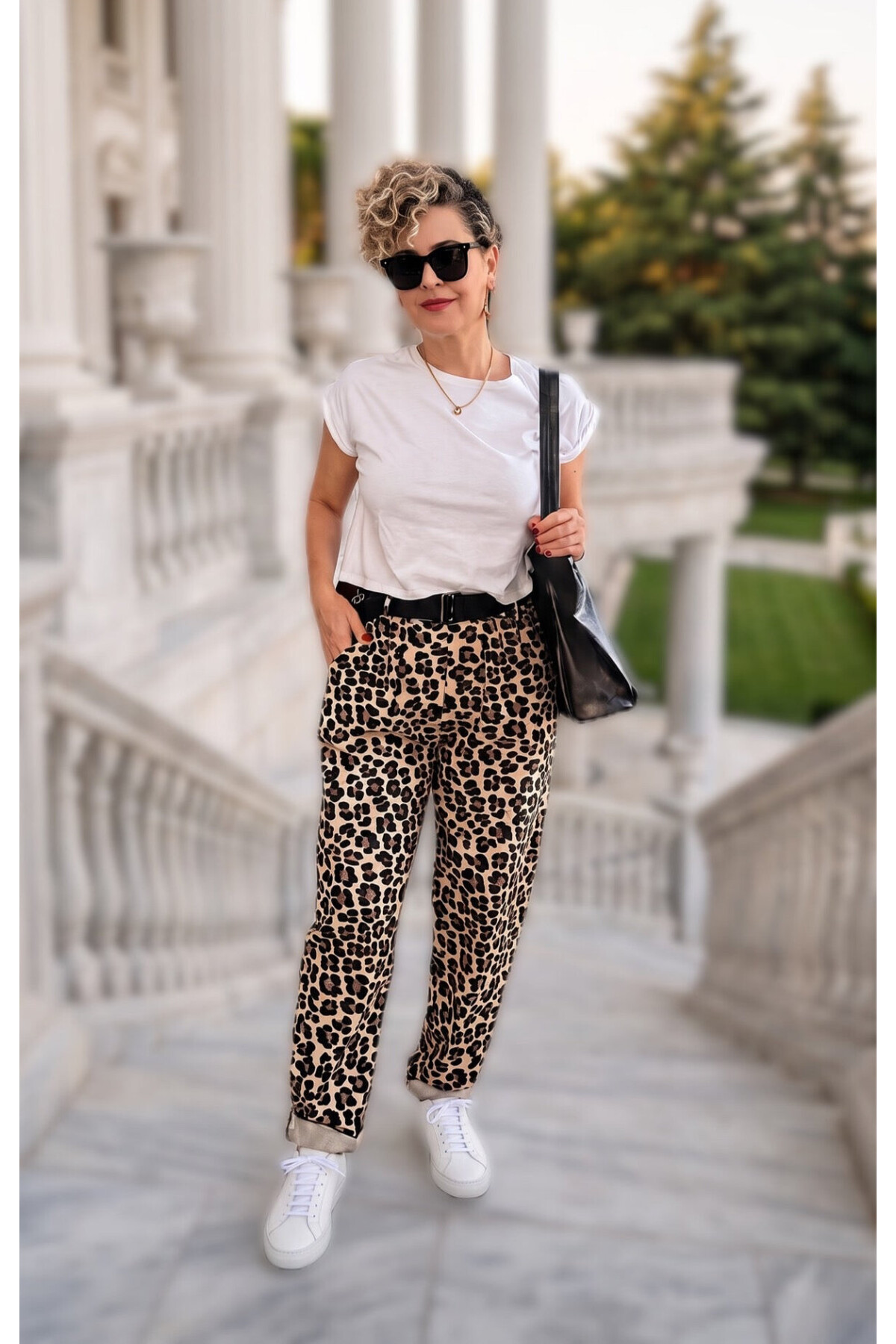Senly İtalyan Leopar Kemerli Pantolon Beige