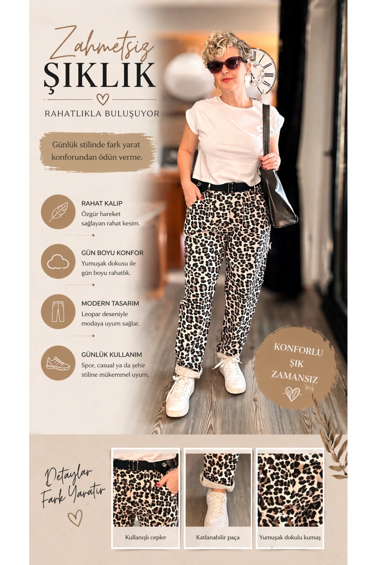 Senly İtalyan Leopar Kemerli Pantolon Bej