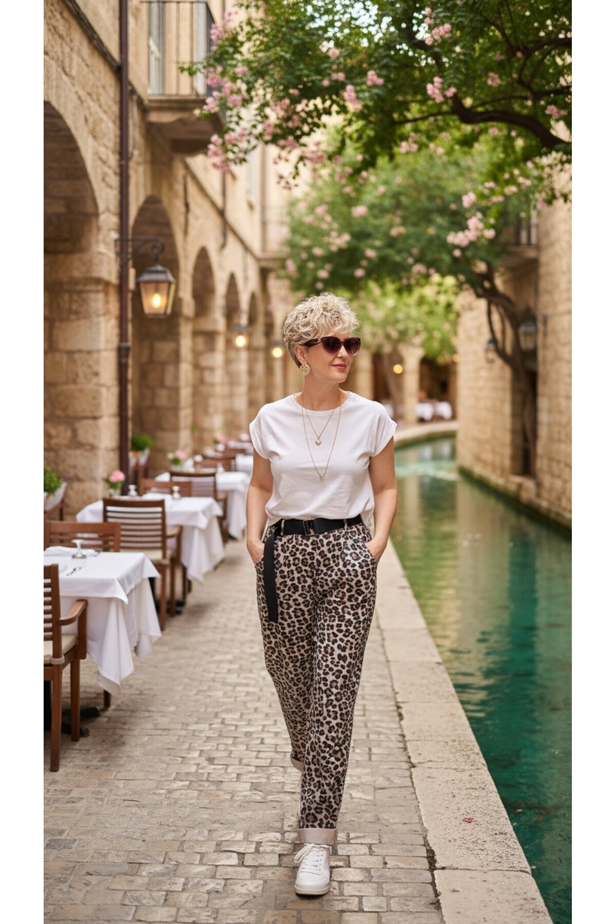 Senly İtalyan Leopar Kemerli Pantolon Vizon