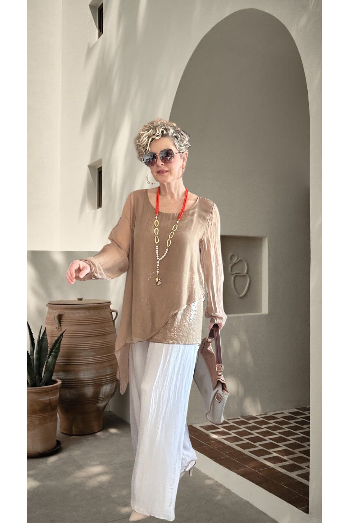 Sette Asimetrik Kesim Payetli İpek Kollu Premium Bluz Camel