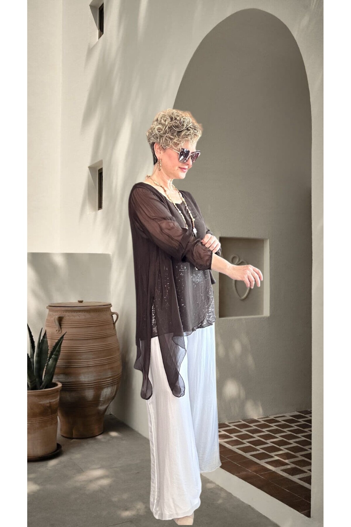 Sette Asimetrik Kesim Payetli İpek Kollu Premium Bluz Kahve