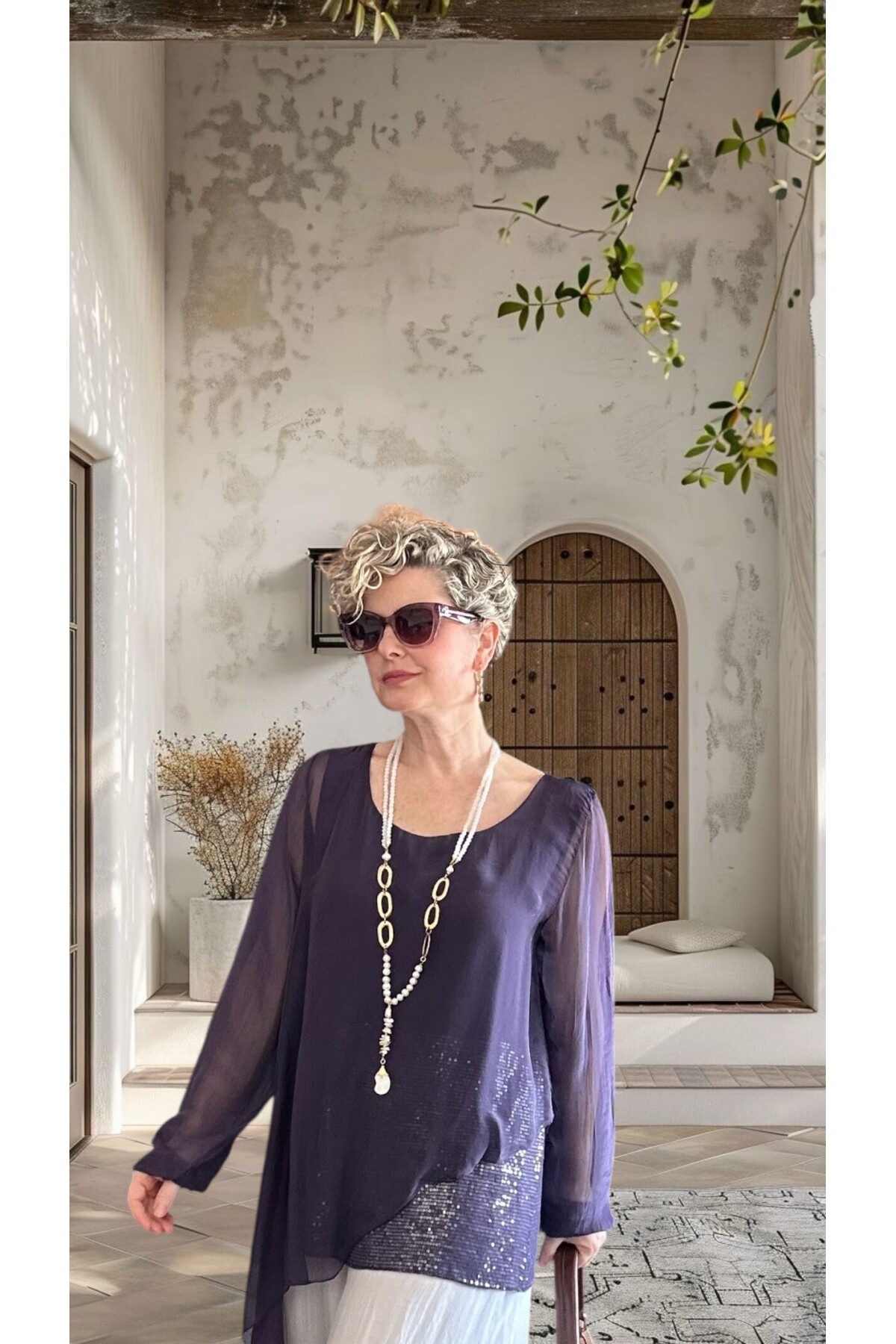 Sette Asimetrik Kesim Payetli İpek Kollu Premium Bluz Mürdüm